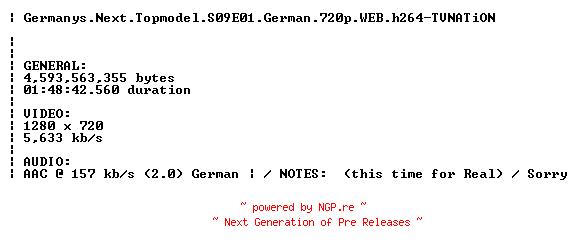 NFO for the release Germanys.Next.Topmodel.S09E01.German.720p.WEB.h264.REPACK-TVNATiON by TVNATiON