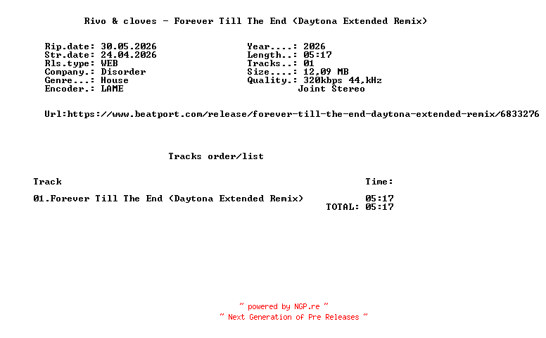 NFO for the release Rivo_And_Cloves_-_Forever_Till_The_End_(Daytona_Extended_Remix)-(ICLG275B)-SINGLE-WEB-2026-FMC by FMC