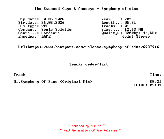 NFO for the release The_Stunned_Guys_And_Amnesys_-_Symphony_Of_Sins-(SOS018DL)-SINGLE-WEB-2026-FMC by FMC