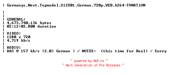 NFO for the release Germanys.Next.Topmodel.S12E01.German.720p.WEB.h264.REPACK-TVNATiON by TVNATiON