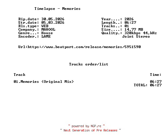 NFO for the release Timelapse_-_Memories-(MHL0026B)-SINGLE-WEB-2026-FMC by FMC