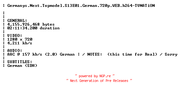 NFO for the release Germanys.Next.Topmodel.S13E01.German.720p.WEB.h264.REPACK-TVNATiON by TVNATiON