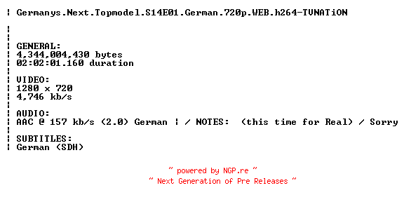 NFO for the release Germanys.Next.Topmodel.S14E01.German.720p.WEB.h264.REPACK-TVNATiON by TVNATiON