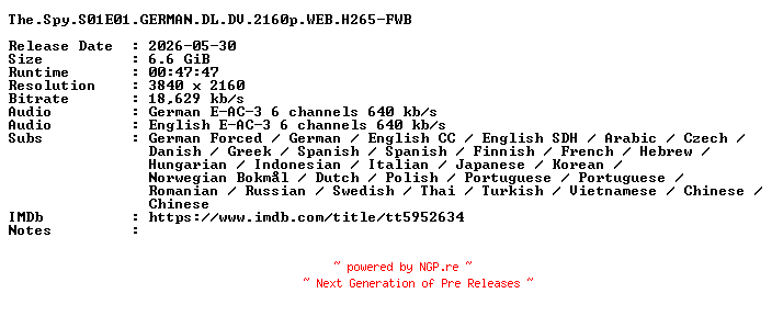 NFO for the release The.Spy.S01E01.GERMAN.DL.DV.2160p.WEB.H265-FWB by FWB