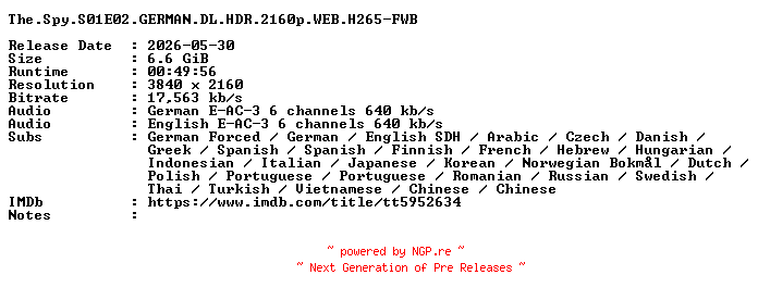 NFO for the release The.Spy.S01E02.GERMAN.DL.HDR.2160p.WEB.H265-FWB by FWB