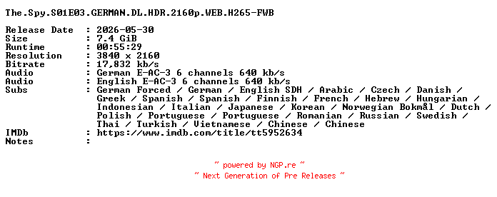NFO for the release The.Spy.S01E03.GERMAN.DL.HDR.2160p.WEB.H265-FWB by FWB