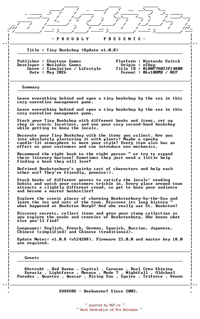 NFO for the release Tiny_Bookshop_Update_v1.0.8_NSW-SUXXORS by SUXXORS