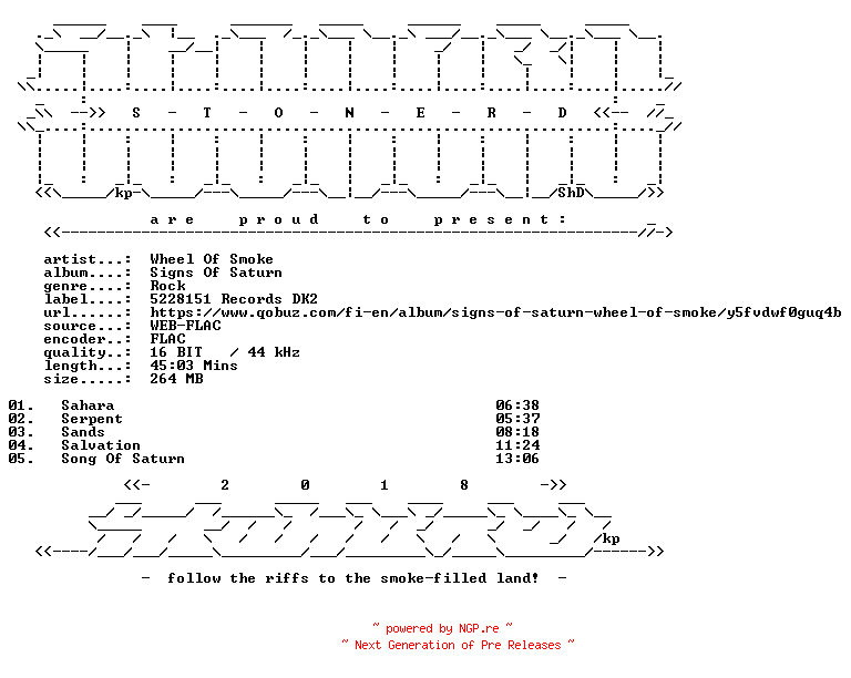 NFO for the release Wheel_Of_Smoke-Signs_Of_Saturn-16BIT-WEB-FLAC-2013-STONERD by STONERD