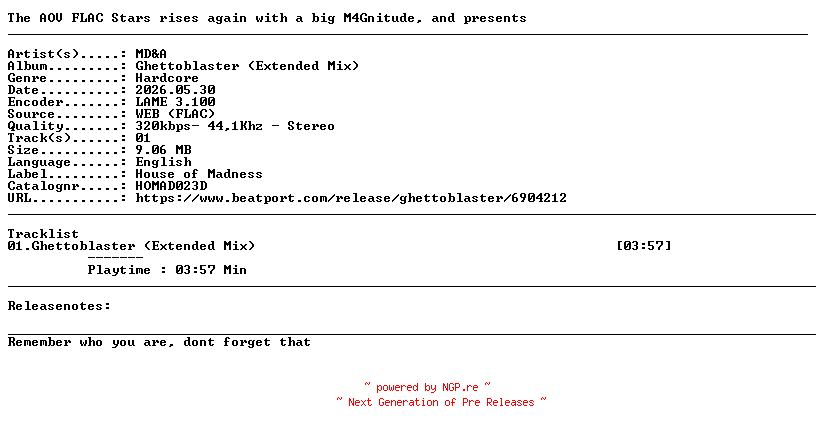 NFO for the release MDandA-Ghettoblaster_(Extended_Mix)-(HOMAD023D)-SINGLE-WEB-2026-AOV by AOV
