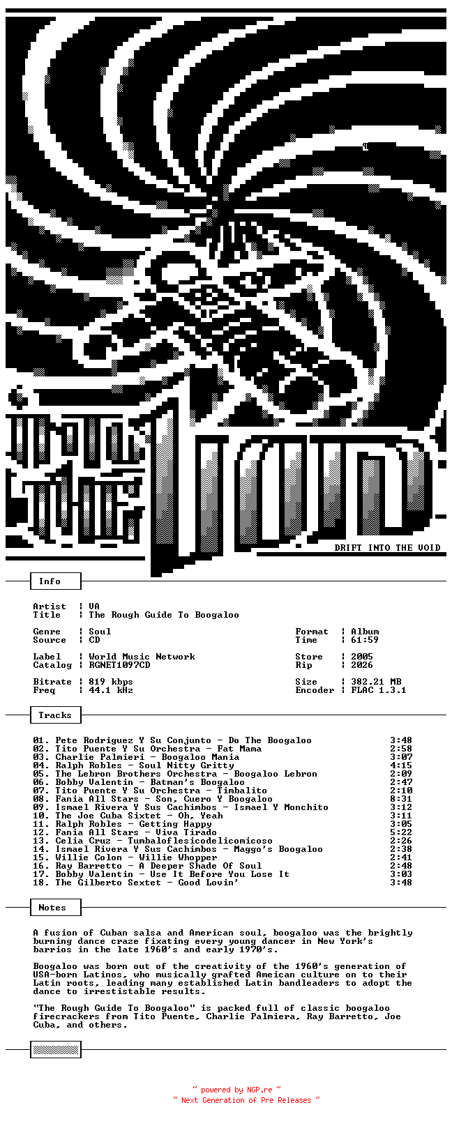 NFO for the release VA-The_Rough_Guide_To_Boogaloo-CD-FLAC-2005-THEVOiD by THEVOiD