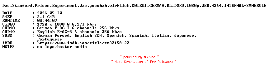 NFO for the release Das.Stanford.Prison.Experiment.Was.geschah.wirklich.S01E01.GERMAN.DL.DOKU.1080p.WEB.H264.iNTERNAL-SYNERGiE by SYNERGiE
