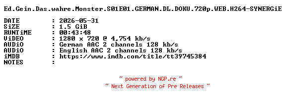 NFO for the release Ed.Gein.Das.wahre.Monster.S01E01.GERMAN.DL.DOKU.720p.WEB.H264-SYNERGiE by SYNERGiE