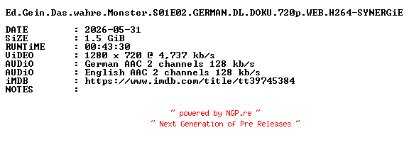 NFO for the release Ed.Gein.Das.wahre.Monster.S01E02.GERMAN.DL.DOKU.720p.WEB.H264-SYNERGiE by SYNERGiE