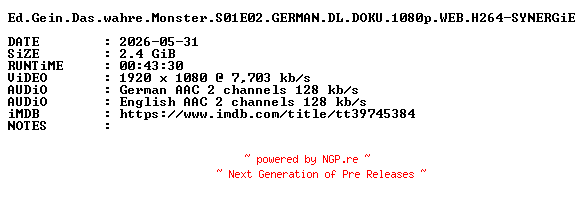 NFO for the release Ed.Gein.Das.wahre.Monster.S01E02.GERMAN.DL.DOKU.1080p.WEB.H264-SYNERGiE by SYNERGiE
