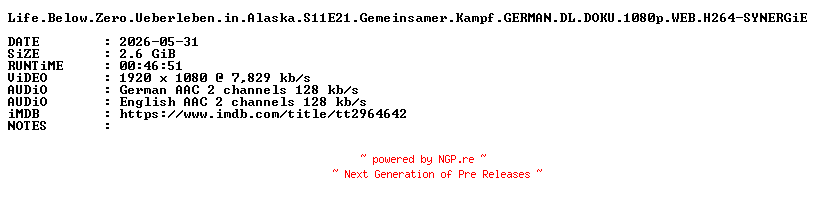 NFO for the release Life.Below.Zero.Ueberleben.in.Alaska.S11E21.Gemeinsamer.Kampf.GERMAN.DL.DOKU.1080p.WEB.H264-SYNERGiE by SYNERGiE
