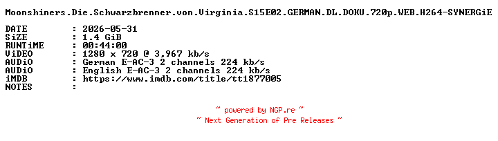 NFO for the release Moonshiners.Die.Schwarzbrenner.von.Virginia.S15E02.GERMAN.DL.DOKU.720p.WEB.H264-SYNERGiE by SYNERGiE