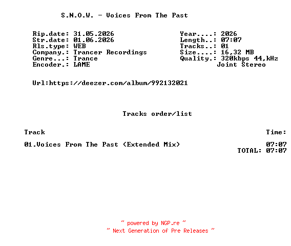 NFO for the release S.N.O.W._-_Voices_From_The_Past-(TR190)-SINGLE-WEB-2026-FMC by FMC