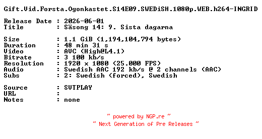 NFO for the release Gift.Vid.Forsta.Ogonkastet.S14E09.SWEDiSH.1080p.WEB.h264-INGRID by INGRID