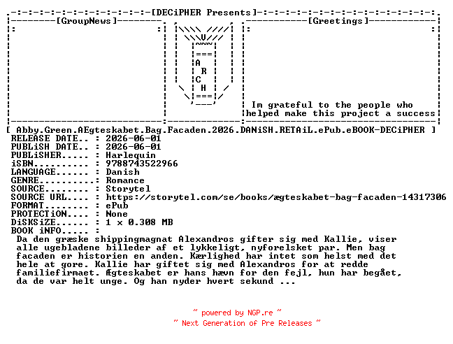 NFO for the release Abby.Green.Aegteskabet.Bag.Facaden.2026.DANiSH.RETAiL.ePub.eBOOK-DECiPHER by DECiPHER