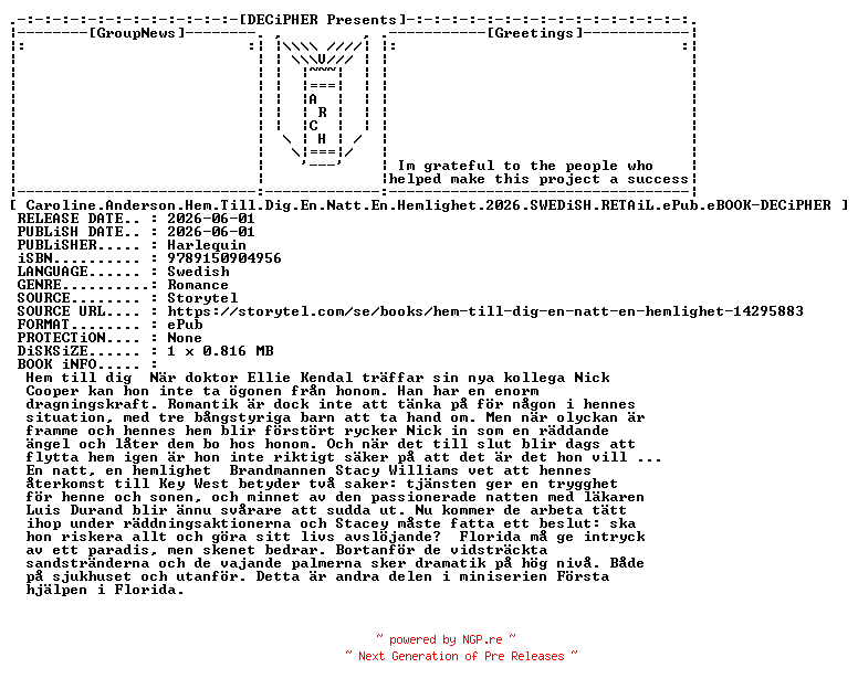 NFO for the release Caroline.Anderson.Hem.Till.Dig.En.Natt.En.Hemlighet.2026.SWEDiSH.RETAiL.ePub.eBOOK-DECiPHER by DECiPHER