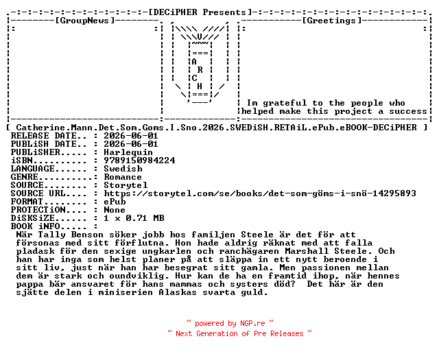 NFO for the release Catherine.Mann.Det.Som.Goms.I.Sno.2026.SWEDiSH.RETAiL.ePub.eBOOK-DECiPHER by DECiPHER