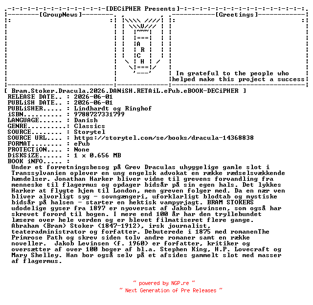 NFO for the release Bram.Stoker.Dracula.2026.DANiSH.RETAiL.ePub.eBOOK-DECiPHER by DECiPHER