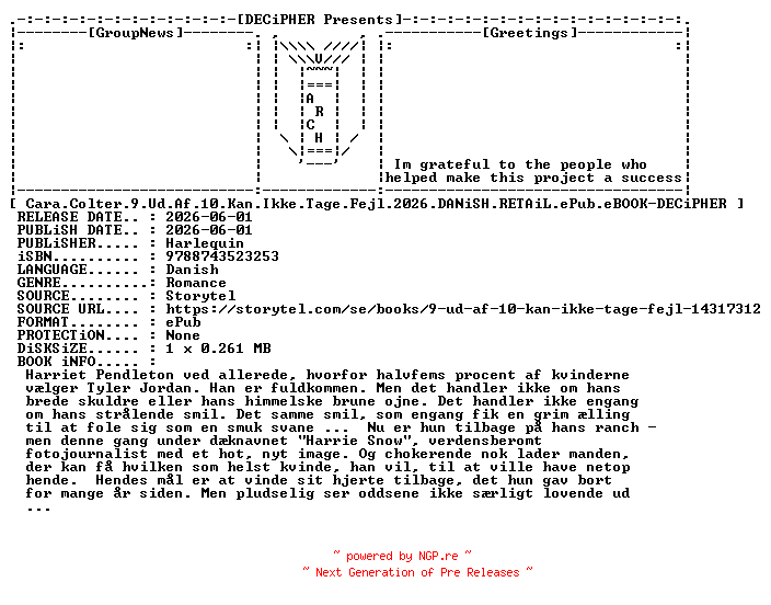 NFO for the release Cara.Colter.9.Ud.Af.10.Kan.Ikke.Tage.Fejl.2026.DANiSH.RETAiL.ePub.eBOOK-DECiPHER by DECiPHER