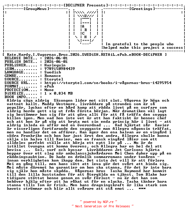 NFO for the release Kate.Hardy.I.Vagornas.Brus.2026.SWEDiSH.RETAiL.ePub.eBOOK-DECiPHER by DECiPHER