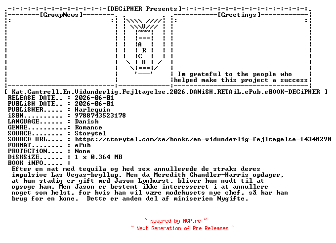 NFO for the release Kat.Cantrell.En.Vidunderlig.Fejltagelse.2026.DANiSH.RETAiL.ePub.eBOOK-DECiPHER by DECiPHER