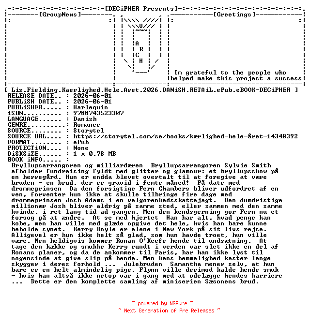 NFO for the release Liz.Fielding.Kaerlighed.Hele.Aret.2026.DANiSH.RETAiL.ePub.eBOOK-DECiPHER by DECiPHER
