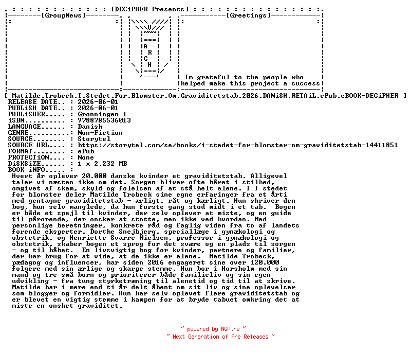 NFO for the release Matilde.Trobeck.I.Stedet.For.Blomster.Om.Graviditetstab.2026.DANiSH.RETAiL.ePub.eBOOK-DECiPHER by DECiPHER