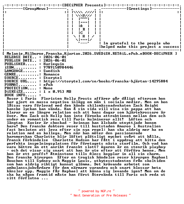 NFO for the release Melanie.Milburne.Franska.Hjartan.2026.SWEDiSH.RETAiL.ePub.eBOOK-DECiPHER by DECiPHER