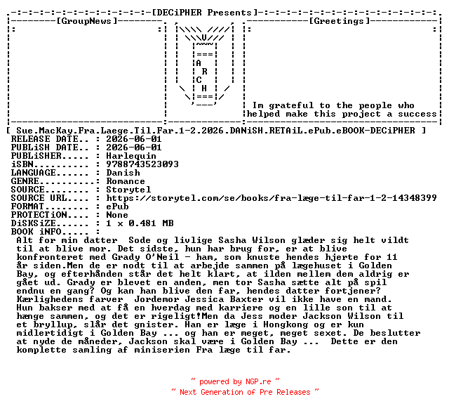 NFO for the release Sue.MacKay.Fra.Laege.Til.Far.1-2.2026.DANiSH.RETAiL.ePub.eBOOK-DECiPHER by DECiPHER