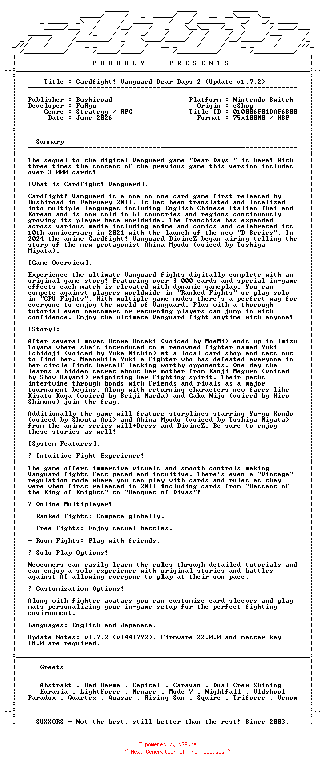 NFO for the release Cardfight_Vanguard_Dear_Days_2_Update_v1.7.2_NSW-SUXXORS by SUXXORS