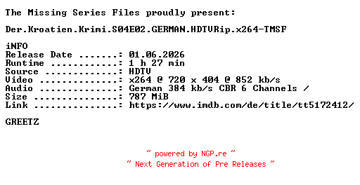 NFO for the release Der.Kroatien.Krimi.S04E02.GERMAN.HDTVRip.x264-TMSF by TMSF
