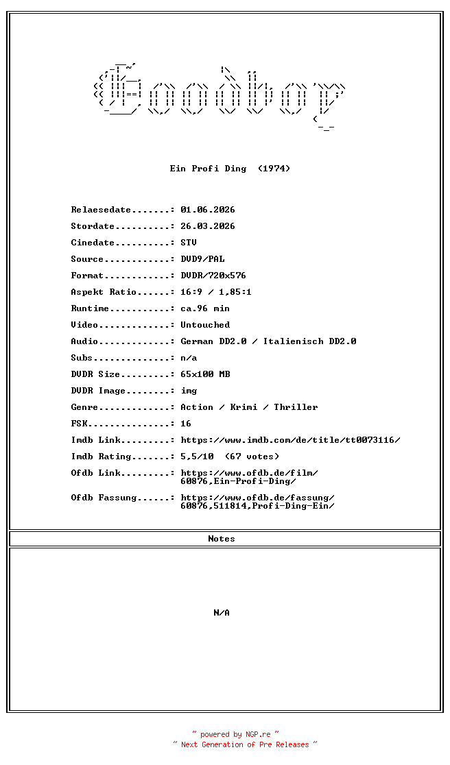 NFO for the release Ein.Profi.Ding.GERMAN.1974.DL.COMPLETE.PAL.DVD9-Goodboy by Goodboy