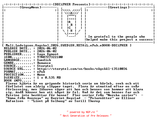 NFO for the release Mali.Ludvigsen.Vagskal.2026.SWEDiSH.RETAiL.ePub.eBOOK-DECiPHER by DECiPHER