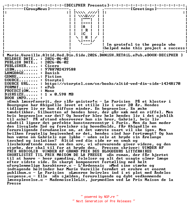 NFO for the release Marie.Vareille.Altid.Ved.Din.Side.2026.DANiSH.RETAiL.ePub.eBOOK-DECiPHER by DECiPHER