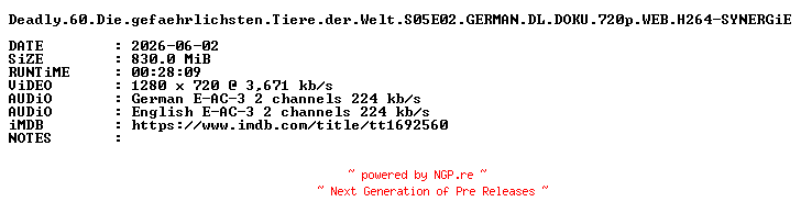 NFO for the release Deadly.60.Die.gefaehrlichsten.Tiere.der.Welt.S05E02.GERMAN.DL.DOKU.720p.WEB.H264-SYNERGiE by SYNERGiE