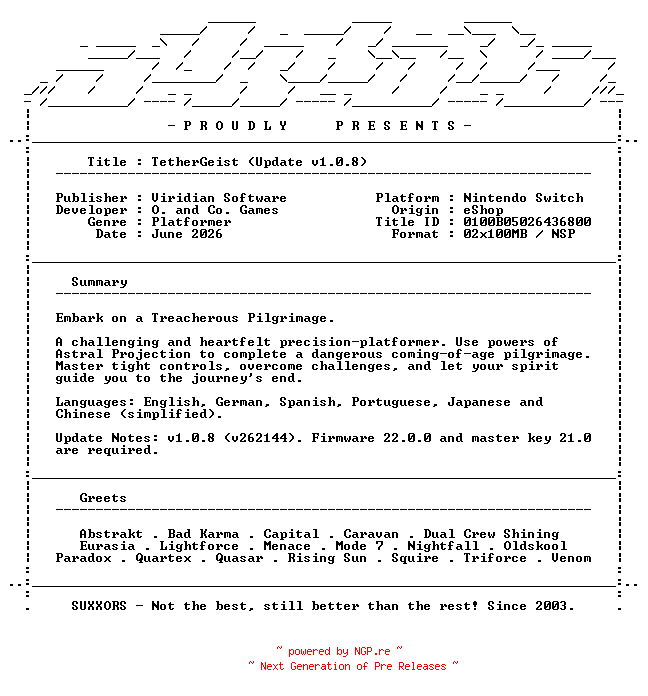 NFO for the release TetherGeist_Update_v1.0.8_NSW-SUXXORS by SUXXORS