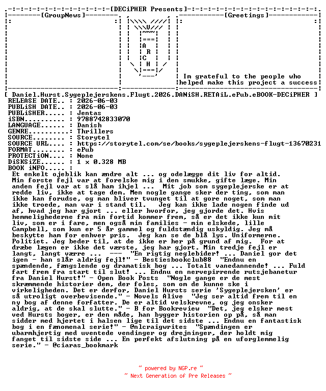 NFO for the release Daniel.Hurst.Sygeplejerskens.Flugt.2026.DANiSH.RETAiL.ePub.eBOOK-DECiPHER by DECiPHER