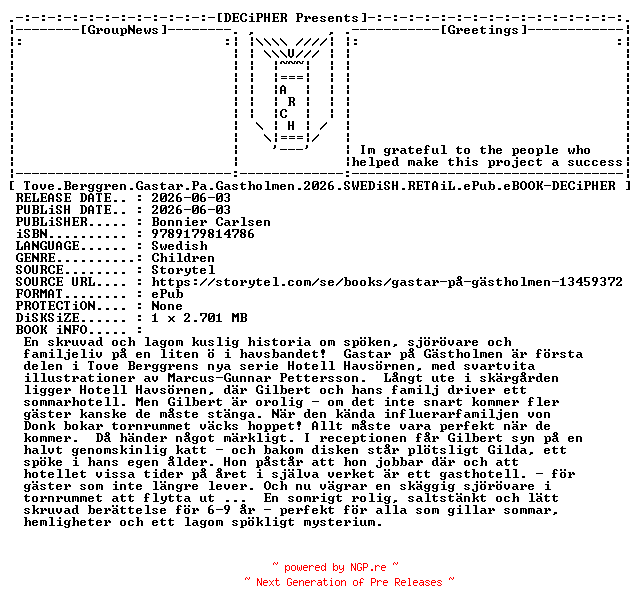 NFO for the release Tove.Berggren.Gastar.Pa.Gastholmen.2026.SWEDiSH.RETAiL.ePub.eBOOK-DECiPHER by DECiPHER