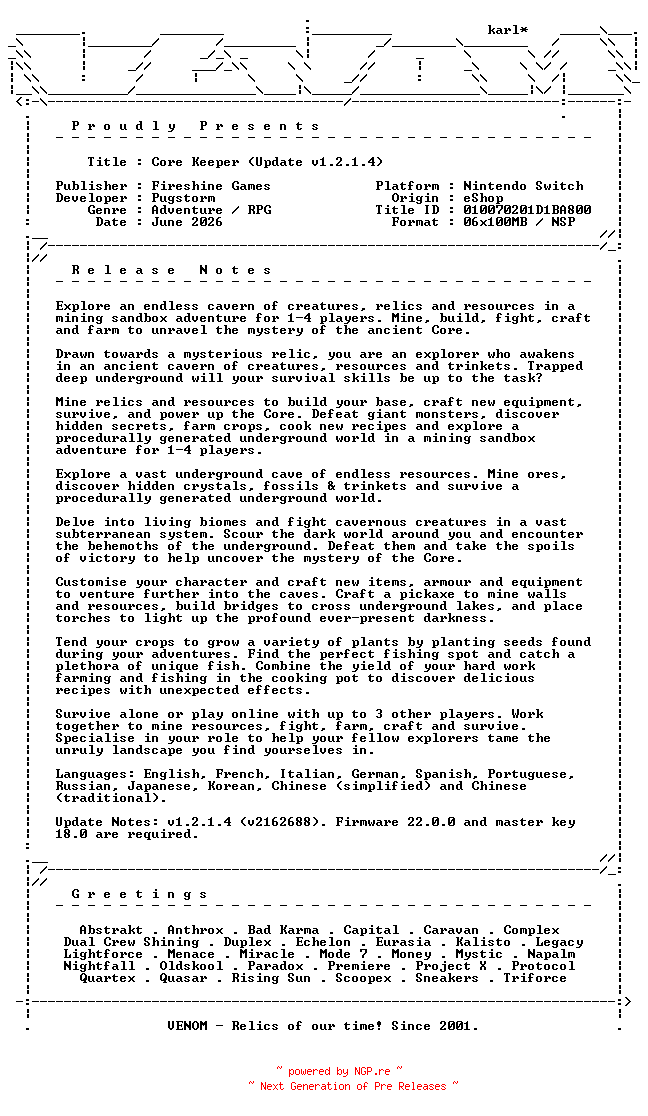 NFO for the release Core_Keeper_Update_v1.2.1.4_NSW-VENOM by VENOM