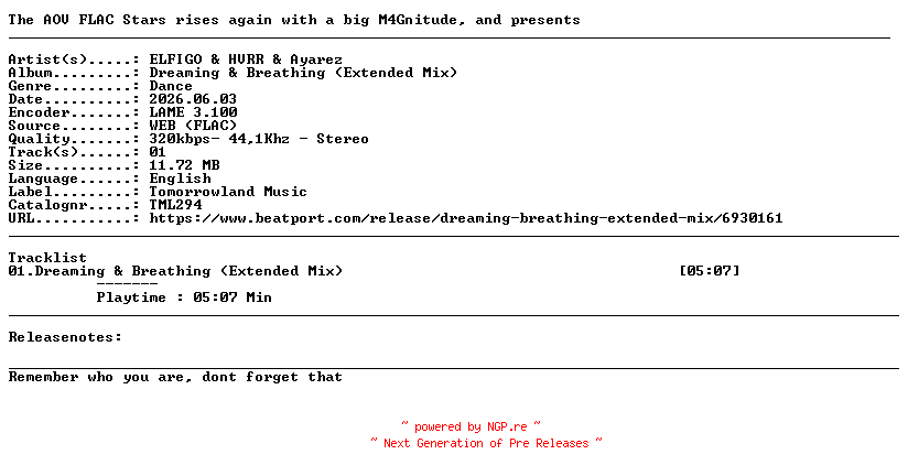 NFO for the release ELFIGO_And_HVRR_And_Ayarez-Dreaming_And_Breathing_(Extended_Mix)-(TML294)-SINGLE-WEB-2026-AOV by AOV