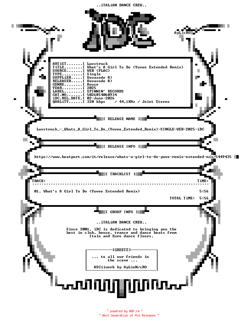 NFO for the release Luvstruck_-_Whats_A_Girl_To_Do_(Yuvee_Extended_Remix)-SINGLE-WEB-2025-iDC by iDC