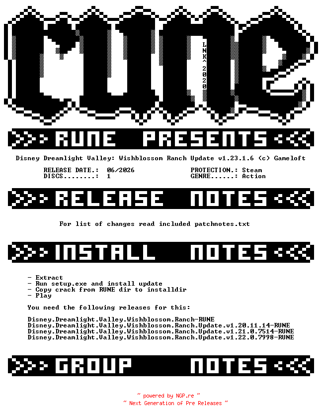 NFO for the release Disney.Dreamlight.Valley.Wishblossom.Ranch.Update.v1.23.1.6-RUNE by RUNE