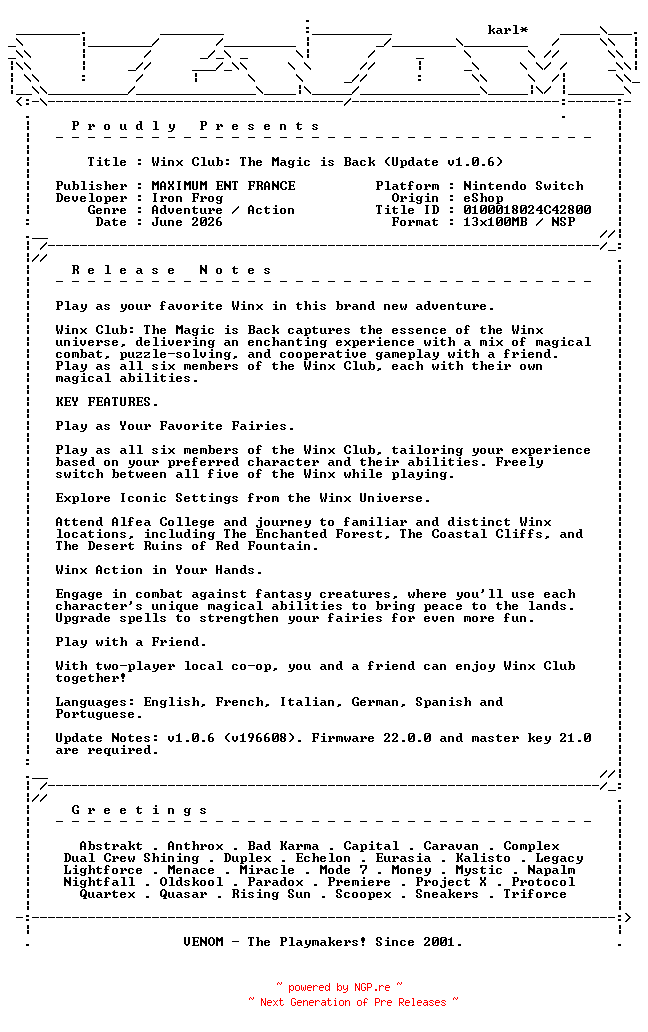 NFO for the release Winx_Club_The_Magic_is_Back_Update_v1.0.6_NSW-VENOM by VENOM