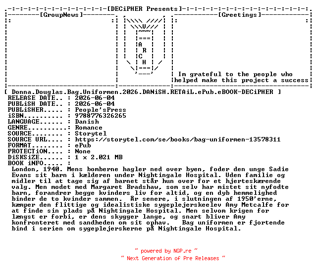 NFO for the release Donna.Douglas.Bag.Uniformen.2026.DANiSH.RETAiL.ePub.eBOOK-DECiPHER by DECiPHER