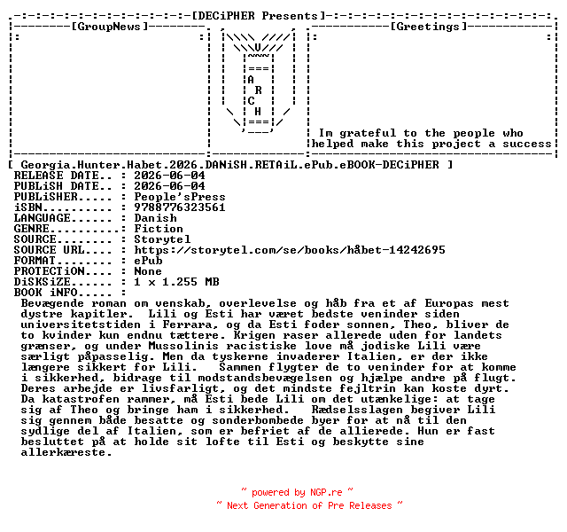 NFO for the release Georgia.Hunter.Habet.2026.DANiSH.RETAiL.ePub.eBOOK-DECiPHER by DECiPHER