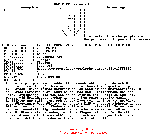 NFO for the release Claire.Powell.Satsa.Allt.2026.SWEDiSH.RETAiL.ePub.eBOOK-DECiPHER by DECiPHER